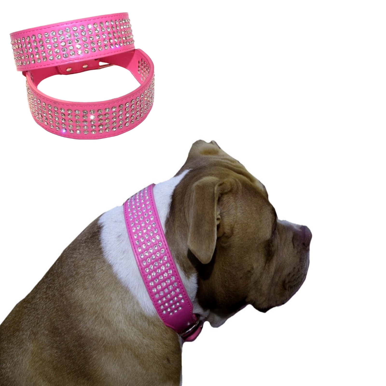 Large Dog Collar Hot Pink Rhinestone S M L XL 5cm Wide  Staffy Bling