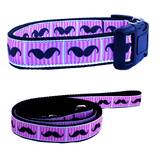 Dog Collar Webbed Pink Moustache Matching Lead