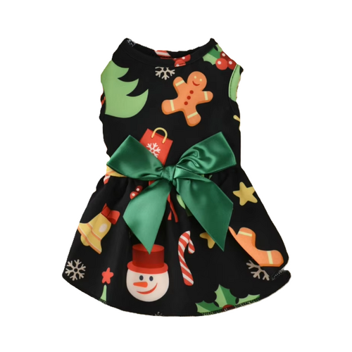 Dog Dress Black Xmas Festive Print Green Bow