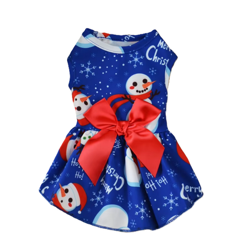 Dog Dress Blue Xmas Festive Print Red Bow