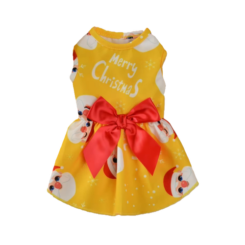Dog Dress Yellow Xmas Festive Print Red Bow