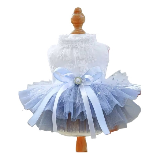 Dog Formal Dress White with Blue Tulle Skirt