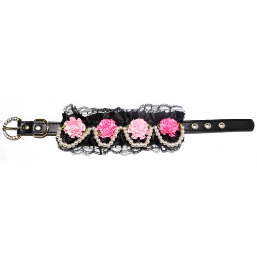 Dog Collar Black Lace Pearls 