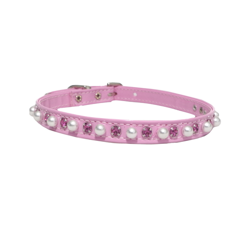 Dog Collar Narrow Pink Pearls Rhinestones