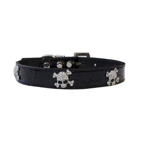 Dog Collar Rhinestone Skulls Black (last size M)