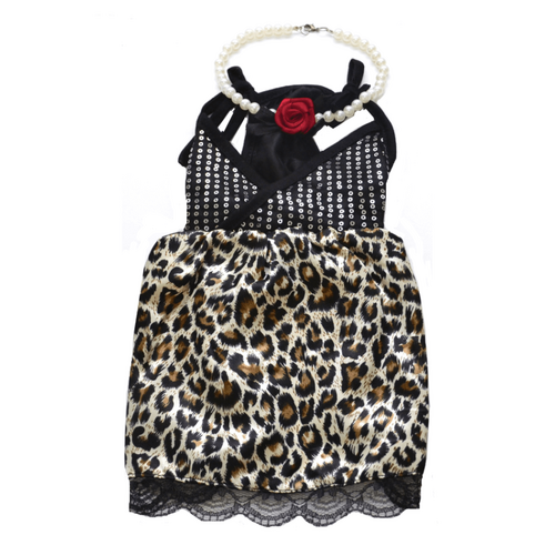 Dog Dress Slinky Leopard with Pearl Necklace 