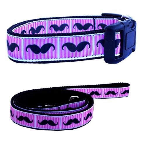 Dog Collar Webbed Pink Moustache Matching Lead