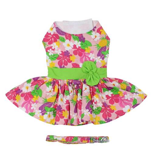 Dog Dress Pink Floral Garden with Matching Lead