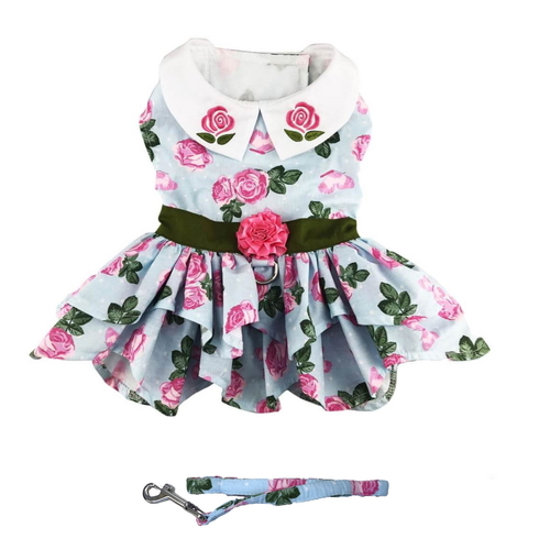 Dog Dress Pink Roses with Matching Lead